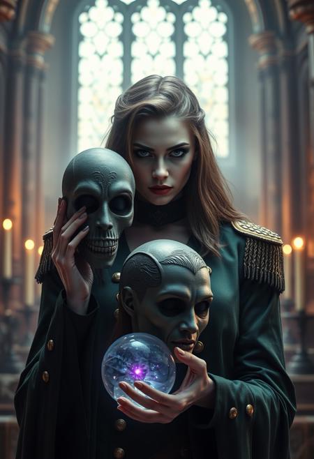 quality, intricate details, Mystical light, female, feminine mage severed head, evil and mystical, military green coated Epaulettes gold buttons. a crystal ball in one hand and their own head in another's hand, gems, dark evil gaze that hints at their ancient knowledge and mystical prowess. Inside a Gothic cathedral Soft candle lighting, High Definition HD, High Detail, Perfect Composition, gothic horror (theme), holding head