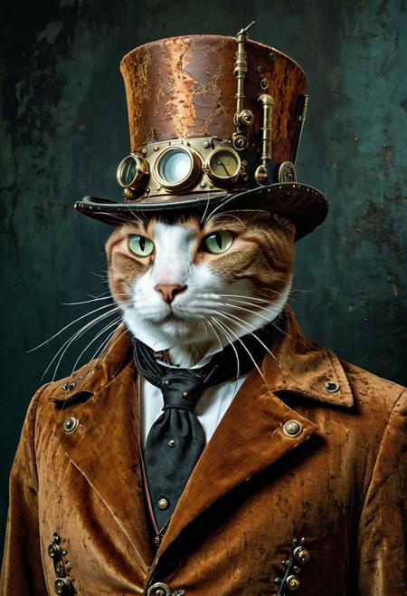 (steampunk cat in rusted velvet coat), patina metal skin, PMS style, brass monocle fused to face, exposed gearwork under skin, oxidized cravat, top hat with copper rivets, moody Victorian lighting, formal studio portrait