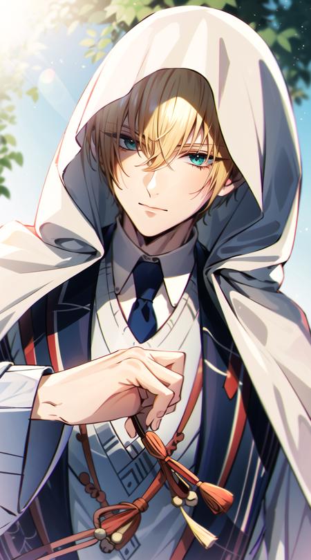 yamanbagiri kunihiro,japanese cloth,faulds,blue necktie,blonde hair, green eyes, ahoge,japanese armor,hooded cloak, white cloak, 