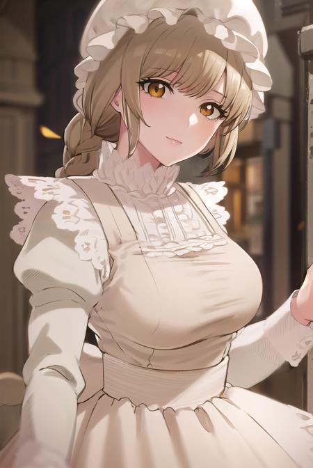 macrophage, long hair, blonde hair, (brown eyes:1.5), braid, braid ponytail, long sleeves, hat, dress, bow, apron, maid, mob cap, maid apron, frills, puffy sleeves, white headwear, juliet sleeves,