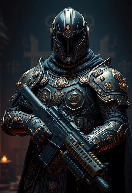 A highly detailed, futuristic warrior in ornate, medieval-inspired armor, with a black, reflective helmet visor. The armor is intricately decorated with gold engravings and symbols, blending ancient and sci-fi aesthetics. The figure holds an advanced AK-47 with matching gold accents. Background features a dark, ancient setting with faint, mystical symbols and dim, warm lighting.