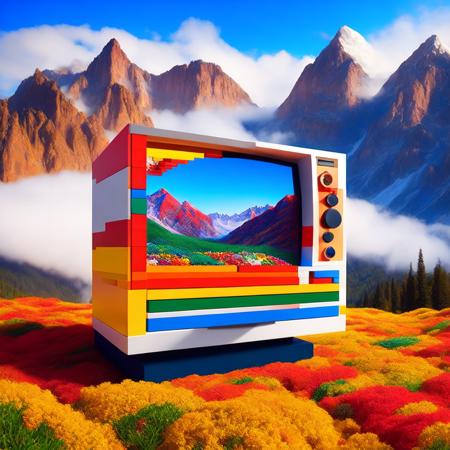 (boxedfuture style:1) a television made out of legos with a mountain scene in the background <lora:djzBoxedFutureV21_LoraBooth:1>