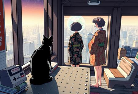 Jiji the cat from Kiki's Delivery Service sits on a cluttered metal riveted desk next to a maneki neko statue and a small Nintendo NES, Jiji is looking out of a floor to ceiling window that looks out at a very high view from an apartment on the 150th floor of a futuristic Tokyo skyscraper, the year is 2150,  (((Kiki from Kiki's Delivery Service, 20 years old, is standing next to the cat looking out at planet below))), Kiki is dressed in an ornate Japanese style bath robe.  The woman's hair is messy from just waking up and tied up with a ribbon. Artistic cyberpunk, dynamic perspective, The focus is on Jiji and Kiki standing together looking out the window at the view together,