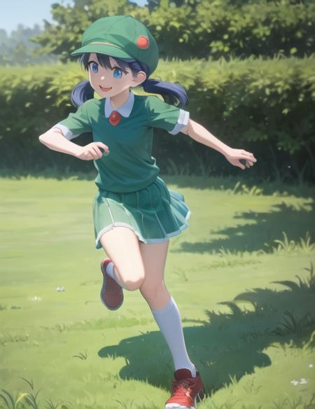 <lora:PicnickerDP:0.7> PicnickerDP, 1girl, solo, smile, open mouth, bangs, blue eyes, skirt, simple background, shirt, hat, white background, dress, standing, full body, short sleeves, shoes, socks, collared shirt, kneehighs, grass, white socks, green skirt, red footwear, running, poke ball, green headwear, green shirt, poke ball (basic)