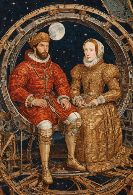 Hanseatic patrician couple inside a futuristic cog spacecraft on The way to The moon by night style by Hans Holbein the Younger, (incompatible, medieval but extremely beautiful:1.4), (intricate details, masterpiece, best quality:1.4), 
<lora:epi_noiseoffset2:0.5> <lora:add-detail-xl:1> <lora:xl_more_art-full_v1:0.5>