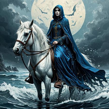 Finely detailed vector illustration, a woman in a flowing blue gown wading in the shallows next to the deep blue sea, the personification of death riding on a pale white horse in the shadows behind her, death is a cloaked figure on horseback, gothic style, detailed, haunting atmosphere, ultra realistic quality,circle symbols,white background, oil painting, hyperdetailed, intricately detailed,  triadic colors,fantastical,intricate detail,splash screen,complementary colors, fantasy concept art, 8k resolution, masterpiece,oil painting,heavy strokes,paint dripping.