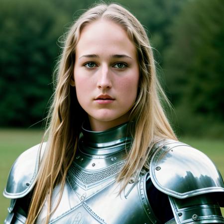 RAW photo, a close up portrait photo of leelee sobieski in plate armor, long haircut, pale skin, slim body, background is field, (high detailed skin:1.2), 8k uhd, dslr, soft lighting, high quality, film grain, Fujifilm XT3 <lora:leelee sobieski v1.0:0.7>