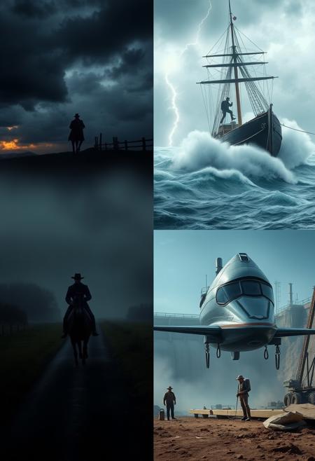 A powerful, multi-scene composition capturing the essence of four lives across different eras, each connected by the spirit of the Highwayman.
**First Scene:** A dark, misty road at dusk with a lone highwayman on horseback, his figure partially obscured by shadows. The horse rears as they approach a distant gallows, the tension palpable as he rides into danger.
**Second Scene:** A storm-tossed ship battles through towering waves under a stormy sky. A determined sailor clings to the rigging as lightning splits the darkness, the ship fighting against the fury of the sea.
**Third Scene:** A vast, dusty construction site during the Industrial Revolution. A rugged worker stands before an imposing, unfinished dam, surrounded by heavy machinery. His face reflects the hardship and sacrifice of building this monumental structure.
**Fourth Scene:** A sleek spacecraft drifts through the cold void of space, damaged but resilient. A lone astronaut floats outside, tethered to the ship, making critical repairs against a backdrop of glowing nebulae, symbolizing the endless frontier of exploration.
