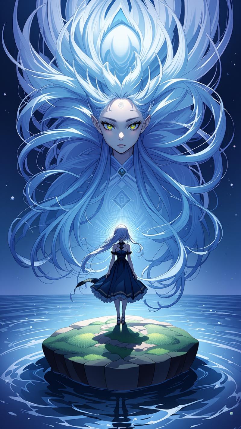 1girl, anime_girl, close-up,  In the midst of a vast, serene lake, a young girl stands on a small island. She has long, flowing hair that appears to be made of ethereal, swirling patterns resembling the Northern Lights or Aurora Borealis. The background is dominated by deep blues and purples, creating a mysterious and dramatic atmosphere. The girl's face is serene, with pale skin and striking features. She wears a dark-colored outfit with subtle patterns, the fabric gently rippling in the breeze. The water around her is crystal clear, with faint shimmering patterns beneath the surface. Suddenly, a group of water columns surrounds her, rising from the depths of the lake. The girl gazes at them with a cold, distant expression, her eyes fixed on something far beyond the horizon. The water columns seem to dance and sway in rhythm with the ethereal patterns in her hair, as if they were responding to an unspoken command. The overall style of the artwork is reminiscent of fantasy or supernatural genres, drawing the viewer into the mysterious world of the young girl and her water column companions.