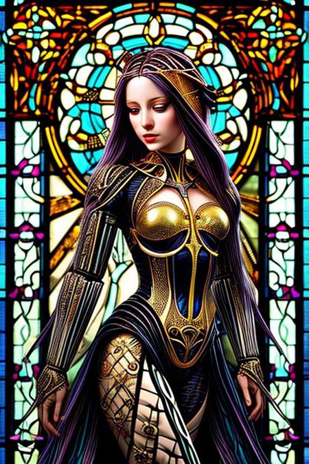 A humanoid AI represented in Art Nouveau style, with intricate, flowing lines and decorative patterns. She has a serene expression, her hair a cascade of metallic threads intertwined with floral motifs. Her body is partly robotic, with gold and pearl accents, seamlessly blending with organic forms. The background is a stained-glass-style design, featuring celestial and floral imagery. Art style: detailed, ornamental, and vintage-inspired."
