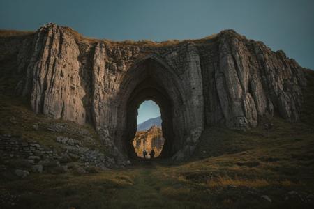 raw photo, a sunset landscape, greek mountains, forested ravine cliffs, cozy, photorealistic, abandoned Towering Stone gateway entry into dark the side of rocky mountain cliff face, (dwarven: 1.39), high fantasy style, high detailed texture, 8k uhd, dslr, soft lighting, high quality, film grain, Fujifilm XT3, Sony A7 IV, highly detailed photography, (muted colors, cinematic, dim colors, soothing tones:1.2), vibrant, insanely detailed, hyperdetailed, (dark shot:1.2), (vsco:0.3), (intricate details:0.9), (hdr, hyperdetailed:1.2) (highest coherency: 1.39) (highest quality: 1.39) (rule-of-thirds) (award-winning) (masterclass) (highest resolution: 1.39) (castle architecture built into cliff: 0.69) (starfort: 1.1) (protruding from hillside) (rounded doorway) (arcane archictecture) (glowing elven celtic knot designs: 1.29) (natural bridge)