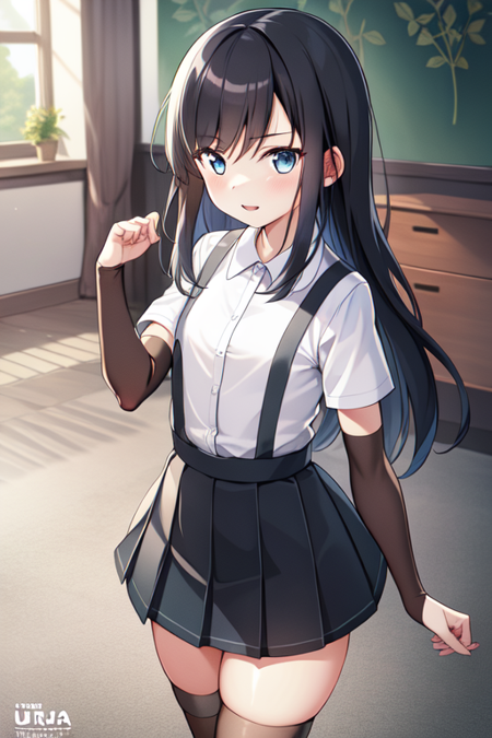 asashiokainiKC, 1girl, solo, long hair, shirt, thighhighs, long sleeves, ribbon, school uniform, neck ribbon, pinafore dress,