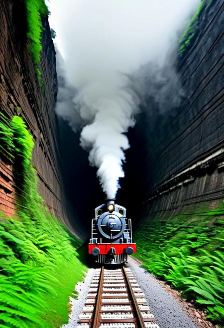 close to the front of the train engine, carriages stretching off into the tunnel, A curved train line through a steep-sided rocky ravine, covered in vines, ferns, and some small overhanging trees, the train line enters a brick and sandstone block rounded arch tunnel. emerging from the dark tunnel is a big old, ghostly steam locomotive, appearing out of the darkness of the tunnel  like a ghost train, with steam, smoke, mist, raining, lighting is overcast and slightly foggy, (dark but moonlit night)