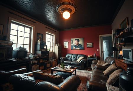 (NOSTALGIC, VINTAGE, RETRO THEMED DECOR), (Photo Shot on a Phase One XT Camera System, low exposure, high contrast, ISO 50, with a 85mm wide-angle lens). 
(Dynamic Variable Angle Shot), [Layered Foreground], Moody Atmosphere with (Vibrant Lighting) and (Contrasting Shadows), (cluttered detailed simplistic living area), (Moon-Light), [Full-Length Windows], (weathered leather furniture), hoarder's paradise of vintage technology, (richly painted bright walls), [[embossed dark ceiling]], (Creative Light Source).