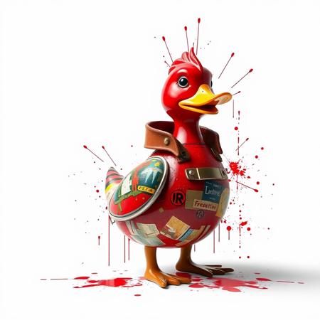 This image is a digital artwork that combines elements of abstract expressionism and industrial themes. The central figure is a windup duck toy . The toy duck attire is a combinaton of bright red pain and pictures of industry, with the The background is stark white, creating a high contrast that emphasizes the bright smooth textures of the ducks form. The image has a chaotic, dynamic feel, with splatters and drips of paint-like elements adding to the sense of movement and energy.  The artwork uses a combination of digital and traditional painting techniques to create a unique, impactful image.