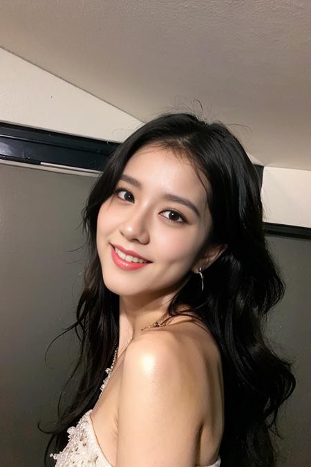 (8k, RAW photo, best quality, highres:1.2), (realistic, photo-realistic:1.37), bestlighting, sunset, beach,
1girl,  staring, Jisoo, solo,   dress, smile eyes,  earrings,   strapless, strapless dress, breasts,  bare shoulders, long hair,   long eyelashes, solo, profile, light smile, upper teeth,(outdoors ) ,    looking at viewer, simple background, gorgeous, cherry lip gloss,  head tilt,