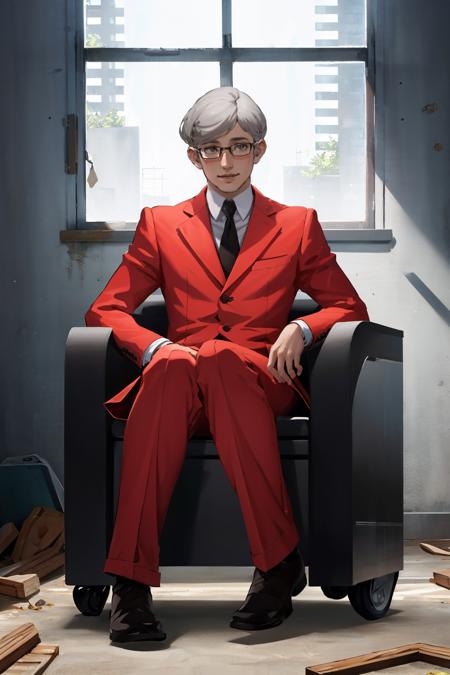 masterpiece, best quality, absurdres, beautiful, full body, looking at viewer, smile
 <lora:zs_Stephen:1> stephensmt, formal, red suit, glasses, grey hair, grey eyes, wheelchair, sitting, empty room, dilapidated room