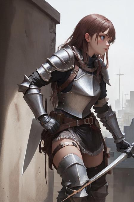 best quality,masterpiece,highly detailed,ultra-detailed,1girl,  <lora:AXE:0.3:Chr> 
(Plate armor),An armor made of metal plates covering the body
holding weapon, holding axe,battle axe
holding long grip of axe, 
 fighting stance,