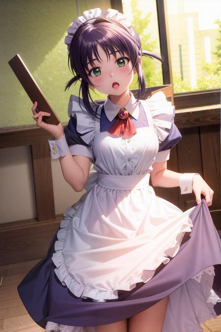 masterpiece, best quality,andou mahoro, 1girl, solo, green eyes, maid, purple hair, open mouth, blush, maid headdress, :o,(kbxll:0.6)