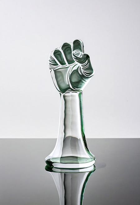 A clear glass sculpture of a raised fist showing the middle finger