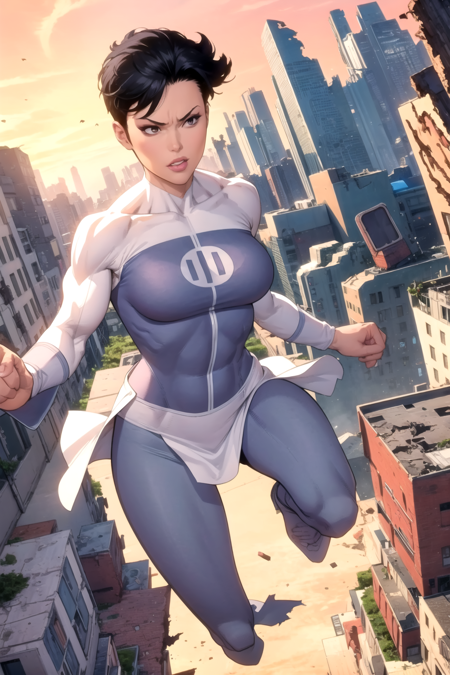 masterpiece, best quality, 1girl, anissa, solo, black hair, short hair, breasts, muscular, bodysuit, flying, destroyed city, ruined city background <lora:Anissa:1>