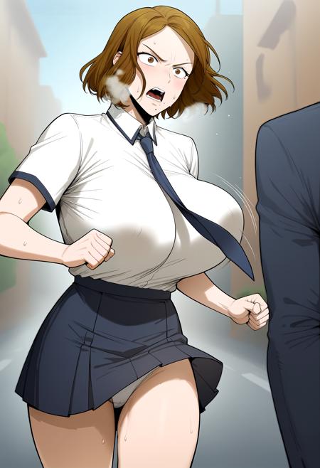 brown hair, brown eyes, short hair, mole under mouth school uniform, white shirt, short sleeves, collared shirt, blue necktie, black skirt