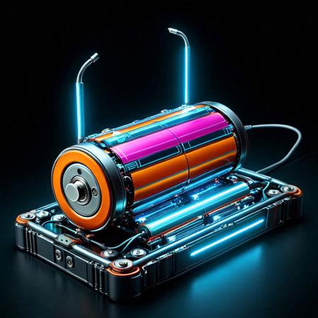 A futuristic hotdog served on a classic bread bun, but instead of a sausage, the filling is a large metallic cylindrical battery placed horizontally. The battery is detailed with voltage markings, metallic ridges, and subtle glow indicators. On top, tangled mini charging cables act as toppings, some glowing at the ends like neon garnish. A glossy, semi-translucent “thermal paste” is drizzled over the battery like sauce, giving a high-tech, gooey appearance. The background shows a neon-lit food stall with cyberpunk aesthetics—metal trays, digital menus, and dim lighting. Cinematic, surreal, photorealistic food morph style, B4TT3R13S, made of batteries
