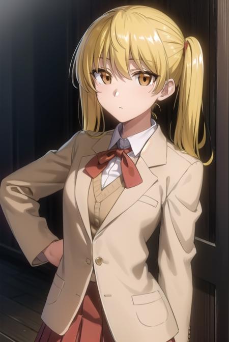 erisawachika, <lora:eri sawachika s2-lora-nochekaiser:1>,
eri sawachika, medium hair, (yellow hair:1.5), twintails, (brown eyes:1.5),
BREAK skirt, long sleeves, school uniform, pleated skirt, red skirt, shirt, collared shirt, white shirt, blazer, (light brown blazer:1.5), neckerchief, red neckerchief,
BREAK indoors, classroom,
BREAK looking at viewer, (cowboy shot:1.5),
BREAK <lyco:GoodHands-beta2:1>, (masterpiece:1.2), best quality, high resolution, unity 8k wallpaper, (illustration:0.8), (beautiful detailed eyes:1.6), extremely detailed face, perfect lighting, extremely detailed CG, (perfect hands, perfect anatomy),