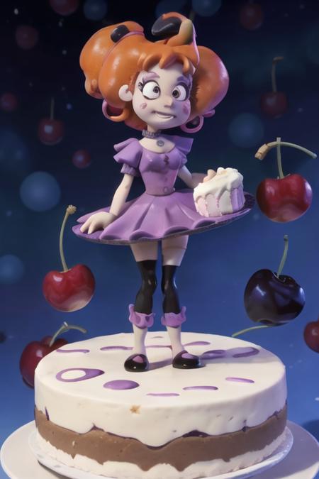 claymation, 80's anime style, 
 <lora:JinxTT:0.6> JinxTT balancing on a giant cheesecake on a plate, cherries, sauce, giant kitchen