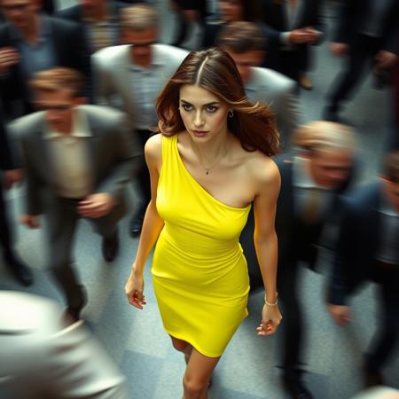 A photograph of a sexy woman,   brown hair, walking through crowd, in blurred motion, shot from very high above, wearing super bright neon yellow  color single strap dress. The dress is one-shoulder mini dress  with a single wide strap that wraps diagonally across the chest, leaving one shoulder and part of the upper chest exposed. The background shows other people moving fast around in black and white suits, Leica M3 film camera --aspect 1:1