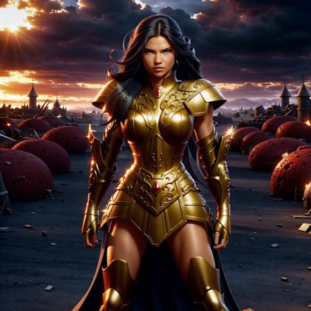 <lora:GeminiArmor:0.6>, GeminiArmor, masterpiece, best quality,  focus, Adriana Lima is wearing medieval armor and standing confidently in the midst of a battlefield. She looks strong, powerful and fearless, with a determined expression on her face. The armor glints in the sunlight, highlighting her toned and muscular physique. She is surrounded by the chaos and destruction of battle, with fallen soldiers and debris litter the ground around her. Despite the violence and turmoil, Adriana Lima exudes a sense of calm and control, as if she is the master of her surroundings. The overall effect is majestic, awe-inspiring and powerful, with Adriana Lima appearing as a warrior queen, commanding the scene