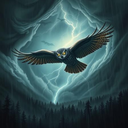 An intense scene of an owl with glowing eyes soaring through a stormy sky, lightning illuminating its wings as it watches over a dark forest below, embodying a sense of strength, wisdom, and control over nature, surrounded by swirling clouds and rain, dark and powerful.