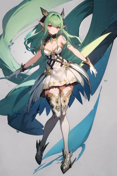 1gril,pointy ears,white dress, cleavage, bangs, white gloves, earrings, jewelry,strapless dress,Green hair,full body, dynamic pose, 