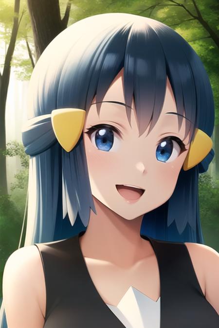 <lora:character_pokemon_dawn_v7:1> dawn \(pokemon\), forest, 1girl, solo, portrait, looking at viewer, blue eyes, blue hair, smile, open mouth, hairclip, sleeveless shirt,