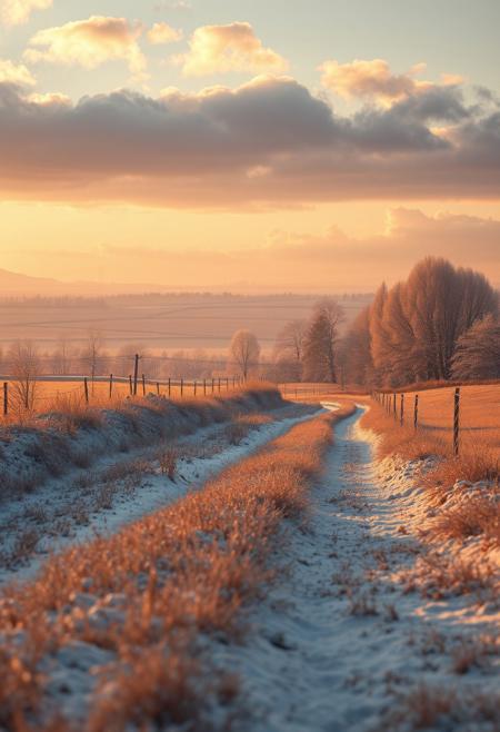 A peaceful nordic winter countryside scene bathed in the warm glow of golden hour, where soft light transforms the landscape into a tranquil haven. Gentle palette captures the serenity of the moment, infusing the fields and sky with harmonious hues. Dreamlike quality adds an ethereal touch, blurring the lines between reality and imagination as clouds drift lazily overhead. Meanwhile, Boris Vallejo’s fantastical elements introduce a sense of wonder, perhaps featuring whimsical creatures or enchanting flora that invite the viewer to explore this idyllic setting. Together, these artistic styles create a serene composition that celebrates the beauty and magic of rural life, evoking a feeling of peace and contentment.
 (8k uhd:1,4), max details, midjourneyv6.1