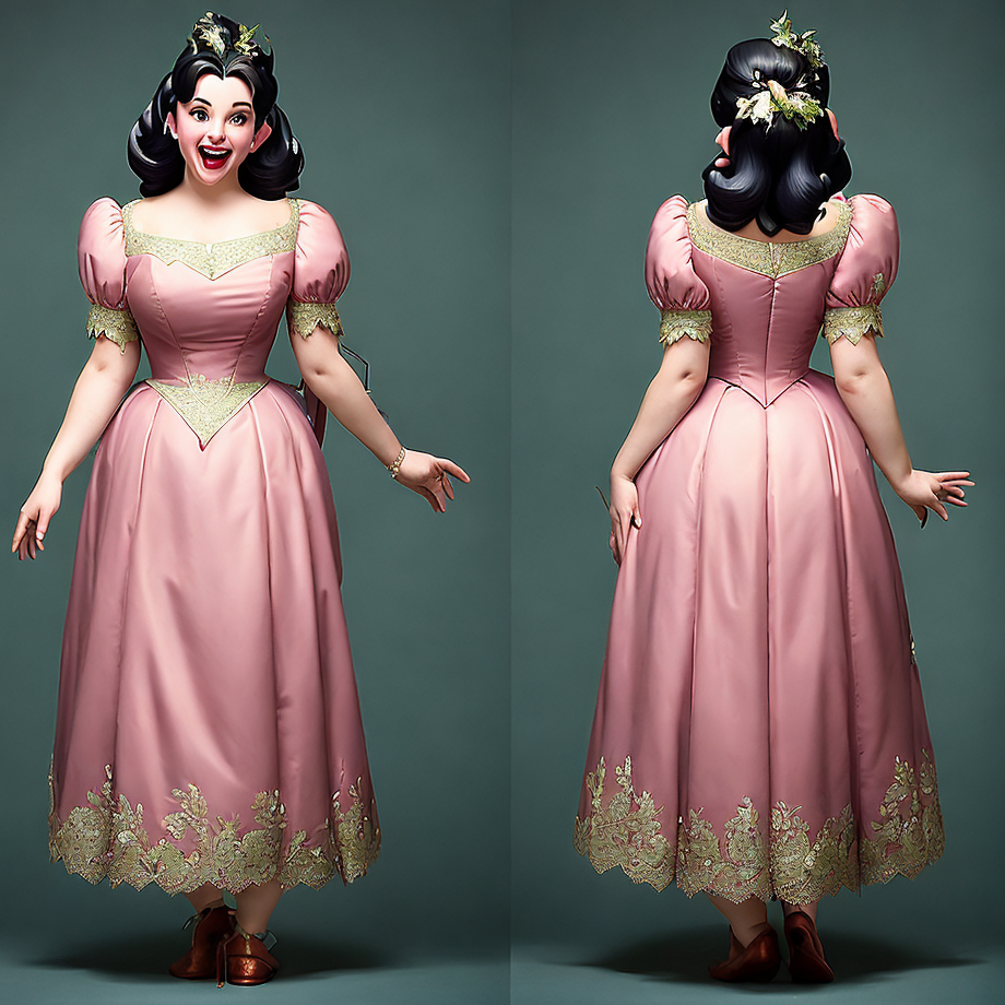 21CharTurnerV2 character turnaround of (Snow White:1.3), (Disney style:1.3), 3D render, curious expression, hair in a bun,...