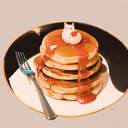 food, dunch, food focus, no humans, pancake, white background, syrup, simple background, cat,  pancake stack, butter  <lora:dunch-000016:1>