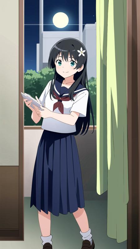 saten_ruiko, 1girl, solo, long hair, skirt, shirt, black hair, hair ornament, holding, school uniform, green eyes, white shirt, flower, short sleeves, pleated skirt, shoes, serafuku, socks, hair flower, sailor collar, black footwear, blue skirt, neckerchief, brown footwear, white socks, blue sailor collar, loafers, red neckerchief, sakugawa school uniform