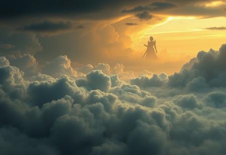 epic fantasy landscape, apocalyptic clouds in the distance, a storm is approaching, the silhouette of a giant goddess can be seen on the horizon, giantess, silhouette of a gigantic goddess in the background, barely visible, body half-hidden in the clouds, body made of clouds, thick curvy busty,