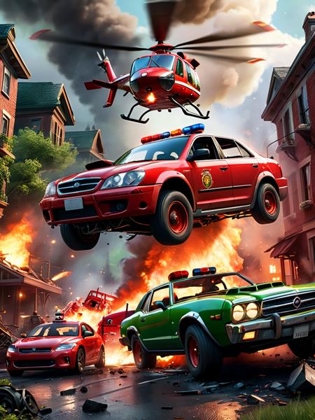 <lora:SS02ImpressionisticPainting_Hap_XL:1.8>,Thomas Kinkade style,  Green car colliding with a red car, high-energy game environment, Keos Masons digital art style by Cedric Seaut, photorealism, detailed wreckage, helicopter hovering mid-air in the background, intense motion blur, fire truck with lights blaring in the foreground, sense of imminent rescue, action-packed screenshot, dynamic composition, cinematic.