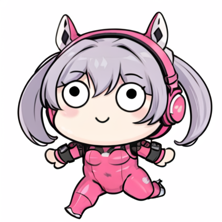 ((masterpiece, best quality)), 1girl, solo, teriderp, chibi, hair ornament, alice \(nikke\), pink bodysuit, animal ear headphones, shiny clothes, twintails, latex bodysuit, full body, running, simple background, white background