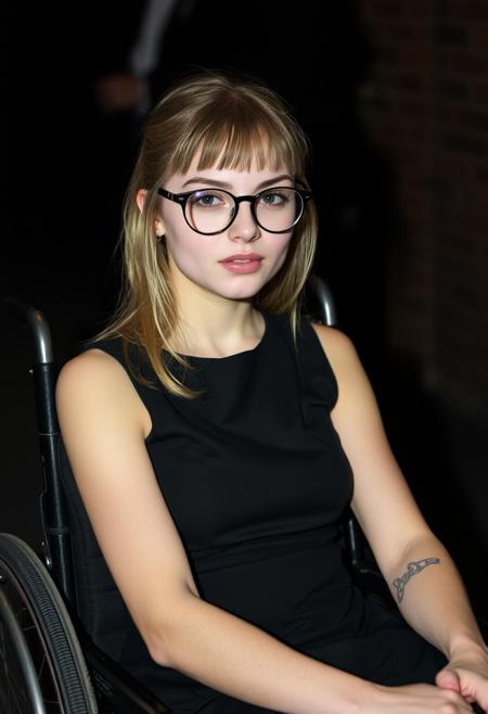 pretty quadriplegic young woman sat in her wheelchair. very weak. From russia, wearing thin round wire glasses aged 26. extremely thin. She has soft skin and blonde hair. hair bangs. She has thick black eyeliner on her face and plump lips. She is wearing a black dress as its a formal party and she is trying to playfully flirt.