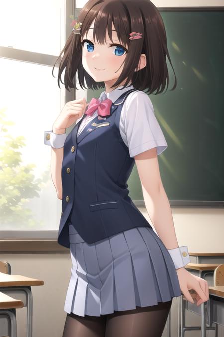 Seguchi Mahiru short hair,brown hair,hair intakes,hairclip,hair ornament,hair flower,blunt bangs,blue eyes blue suit vest,wing collar,collared shirt,white shirt,pink bowtie,short sleeves,blue cuffs,small breasts,blue skirt,pleated skirt,black pantyhose,loafers