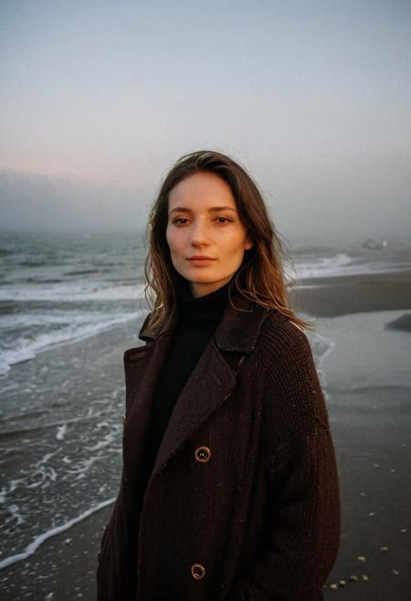 A beautiful 35mm photo of a 30 year old Dutch woman, polaroid photo style, ((turtleneck sweater)), ((leather trenchcoat)), ((full body:1.2)), polaroid film style, she has a comely face, shy smile, in love, pale skin, very dark eyes, chocolate brown hair, straight hair, 70's fringe, beautiful mouth, long face, narrow chin, freckles on nose, birthmarks on stomach, she is slim, natural tits, perfectly shaped tits, pubic hair, ultra realistic, extremely detailed, highly detailed eyes, realistic eyes, highly detailed skin, realistic skin, on the beach at the Dutch coastline, foggy 
cloudy, beautiful lighting, soft natural light, golden hour light, perfect light, Rembrandt style light, 8k resolution, masterpiece, 35mm,Camera="Hasselblad X1D 50c", Lens="Hasselblad XCD 90 mm f/3.2 ", "Aperture-of=f/2.8", "ISO=100", film grain, (ultra high res:1.2),(photo-realistic:1.3) (skin pores:1.1)