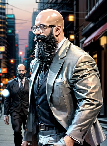 1man,masterpiece,best quality,dusk,cityscape,bodybuilder male bearded middle aged man bald,walking,wearing a black suit,depth of field,
<lora:add_detailLora:1>