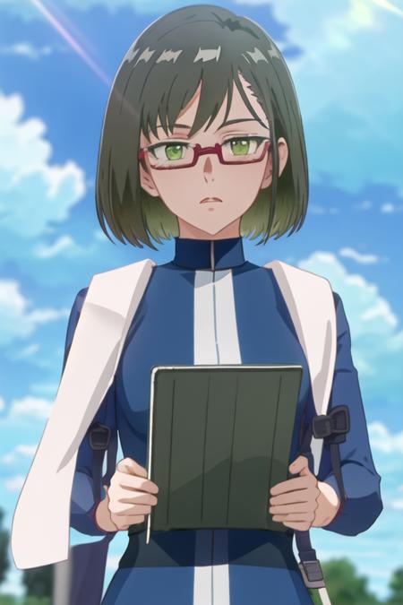 best quality, masterpiece, highres, solo, {shinjo_amane_birdiewinggolfgirlsstory:1.15}, glasses, short_hair, semi-rimless_eyewear, green_hair, green_eyes, under-rim_eyewear, red-framed_eyewear, 1girl, day, sky, cloud, blue_sky, brown_hair