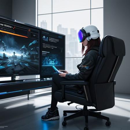 Take a deep breath and let's work step by step on this problem.expert consistency, dynamic action pose,(concept art), professional quality, (a black metal gaming console with glowing blue and red lights), taking in a CD on the top cd slot, with laserblaster plugged into it, (projecting the title screen of a video game onto a visor helmet shaped like a robot's head with cables plugged into the chair, a woman is wearing the visor helmet on her head while sitting in a floating recliner chair, and a futuristic looking black controller sitting on a sleek white desk in a living room,High-res, impeccable composition, lifelike details, perfect proportions, stunning colors, captivating lighting, interesting subjects, creative angle, attractive background, well-timed moment, intentional focus, balanced editing, harmonious colors, contemporary aesthetics, handcrafted with precision, vivid emotions, joyful impact, exceptional quality, powerful message, in Raphael style, unreal engine 5,octane render,isometric,beautiful detailed eyes,super detailed face and eyes and clothes