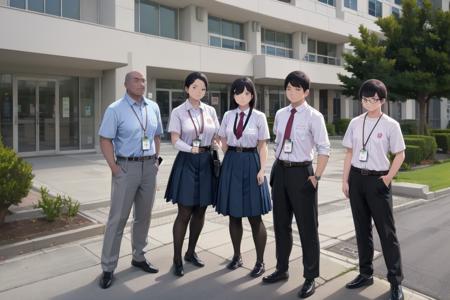 best quality, ultra-detailed, illustration,
genkan, syoukouguchi, necktie, red necktie, skirt, multiple boys, shirt, 1girl, black hair, pants, pantyhose, shirt tucked in, glasses, tree, lanyard, white shirt, shoes, school uniform, belt, id card, building, facial hair, 4boys, short hair, blue skirt, collared shirt, grey pants, holding, phone, black footwear, outdoors
 <lora:syoukouguchi_SD15_V1_DIM4:1>