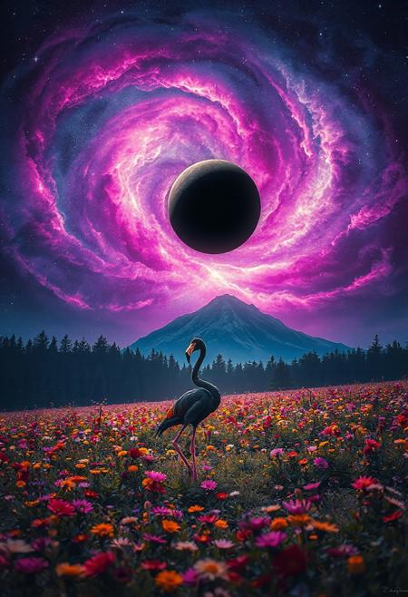 A mystical scene of a black flamingo standing in a vibrant field of colorful wildflowers at night, gazing up at a breathtaking, glowing cosmic sky. The sky is filled with swirling nebula clouds in vivid shades of purple, blue, and pink, surrounding a dark planet or moon. Bright stars are scattered across the sky, creating a magical, dreamlike atmosphere. In the distance, dark pine forests and a tall mountain are visible under the surreal light. Highly detailed, cinematic, fantasy art style, vivid colors, ultra-realistic, ethereal, majestic.