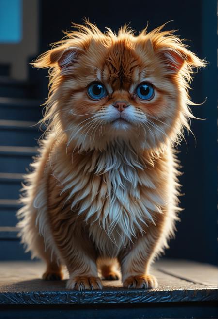 beautiful fluffy animal <lora:light_contour_sdxl:1.0>, wide-eyed, microchip, 300 dpi, 8k hdr, blushing, detailled eyes, breathtaking beauty, seductive, skinny, high detailed texture, floating particles, blunt bangs, midnight, hyperrealistic, dynamic pose, blue background, rim lighting, fine texture, real life, stairs